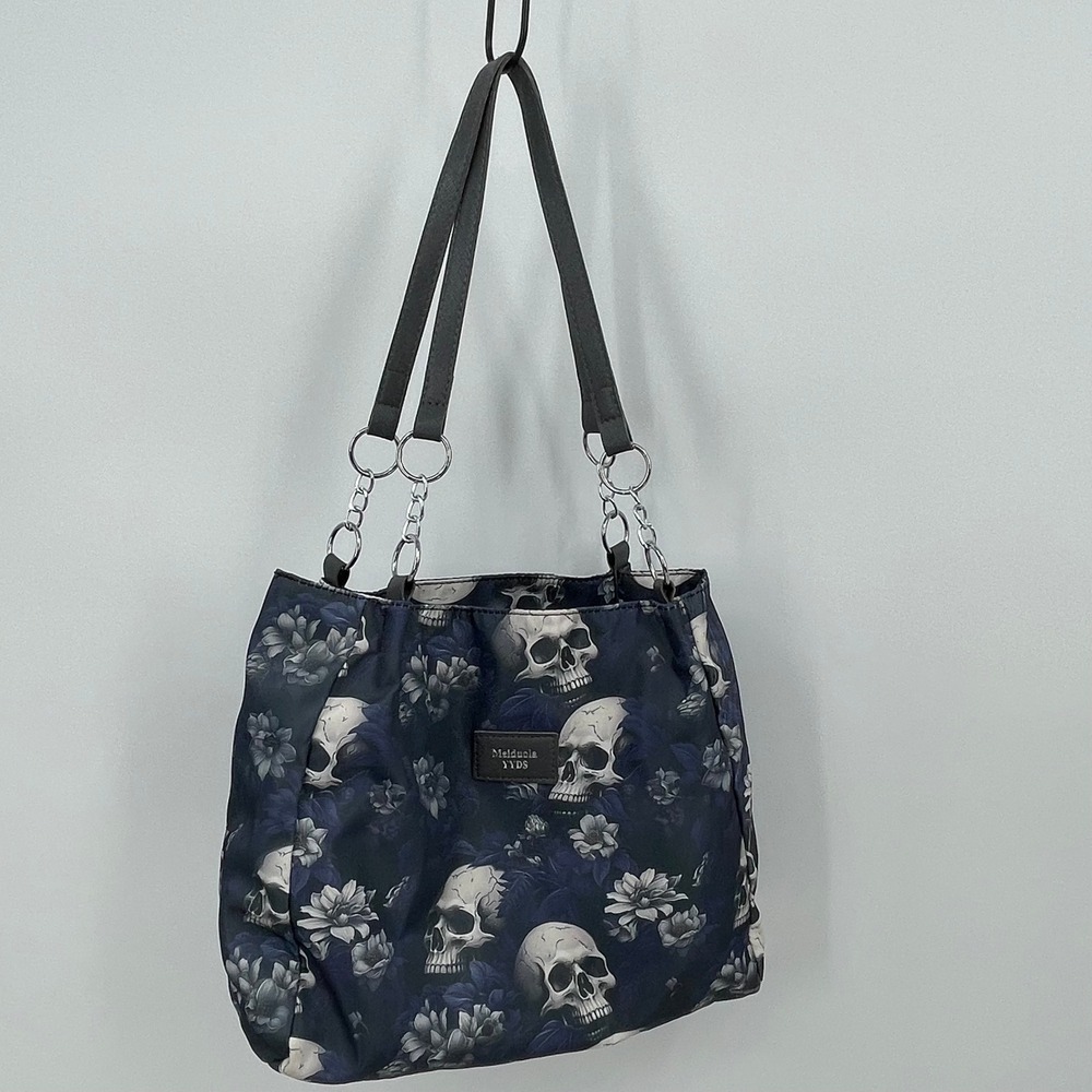 Meiduola YYDS Skull Floral Gothic Nylon Tote Bag Navy Blue Silver Chain Straps